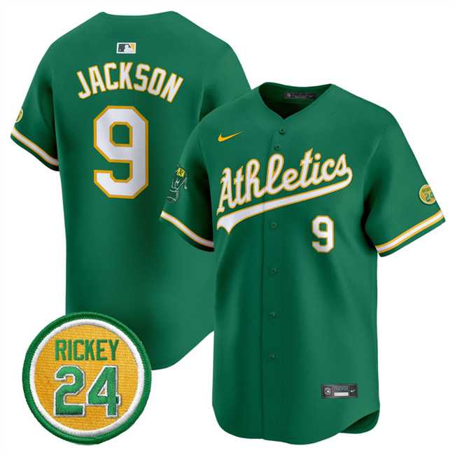 Men%27s Oakland Athletics #9 Reggie Jackson Green 2024 Limited With Rickey Henderson Patch Stitched Jersey Dzhi